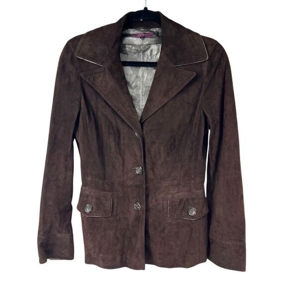 Escada Brown Goat Leather Collared Three Button Closure Jacket Women’s EUC
